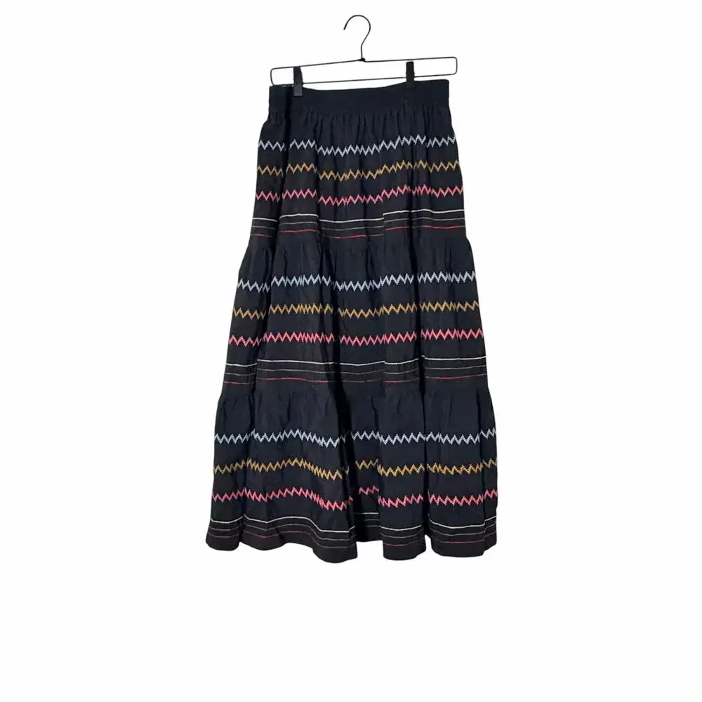Mi Golondrina Black ZigZag Embroidered Striped Midi Length Skirt - Picture 1 of 3